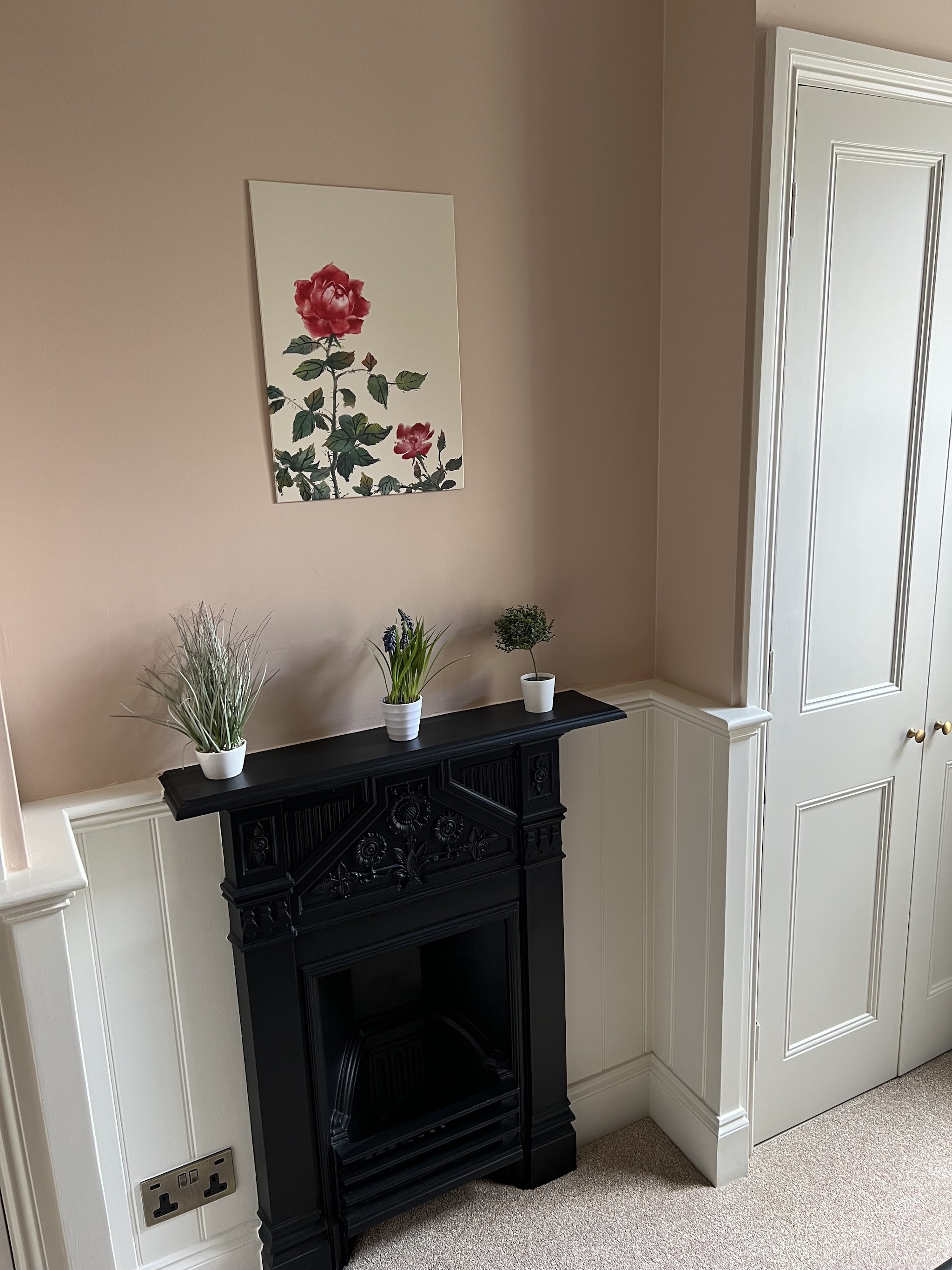 Cast iron fireplace set against white panelling