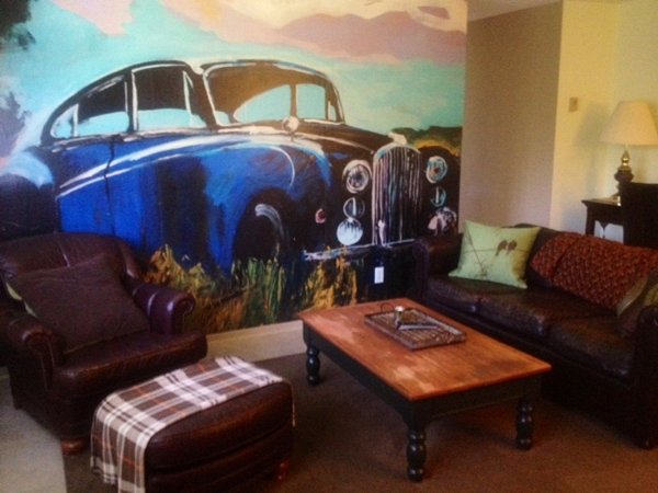 Classic car photo mural on a sitting room wall