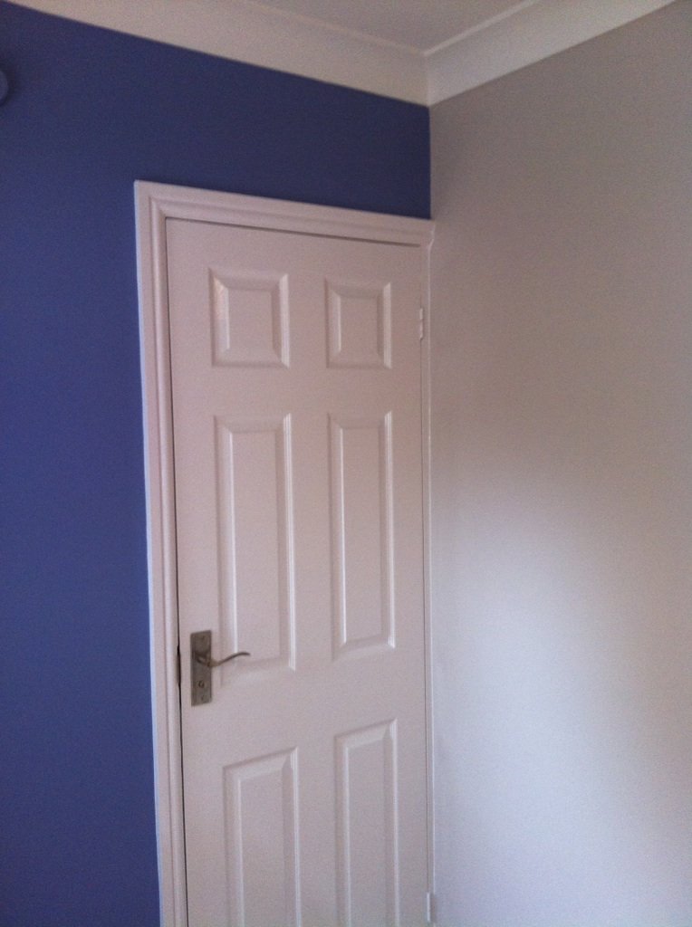 Deep blue wall beside a white six panel door
