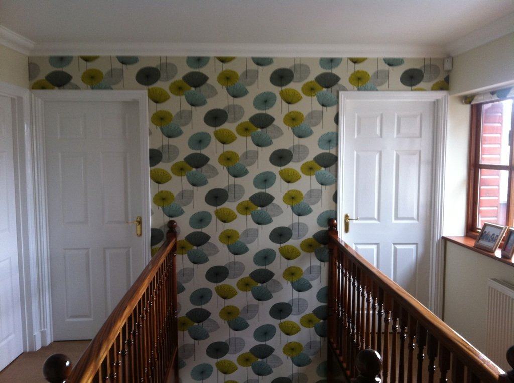 Landing with patterned designer wallpaper